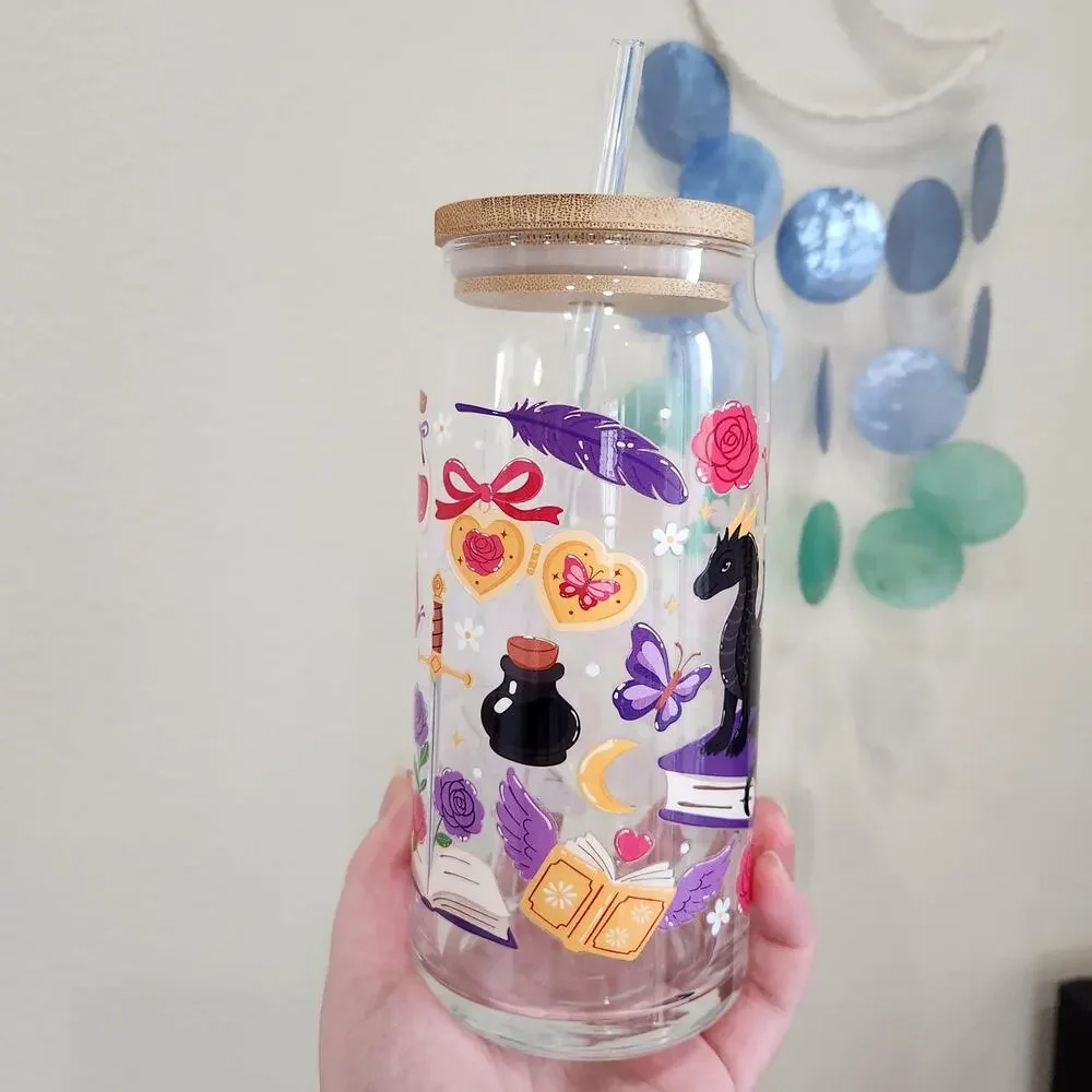 Purple Fantasy Glass Coffee Cup Dragon 20 oz Bookish Reading Gift Flowers Sword